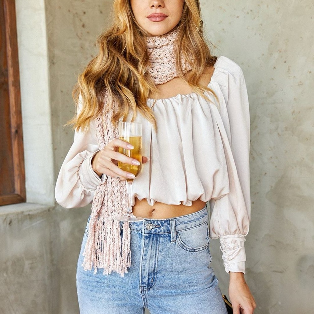 NEW DO + BE Cedro Long Sleeve Puff Detail Blouse Beige Size Medium NWT